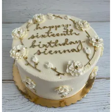 Elegant White Flowers Cake with Gold Writing
