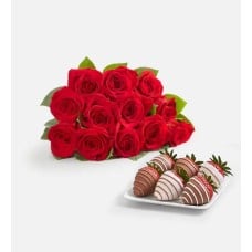 Red Roses & Drizzled Strawberries (12 Red Roses Bouquet Only & 6ct Gourmet Drizzled Strawberries)