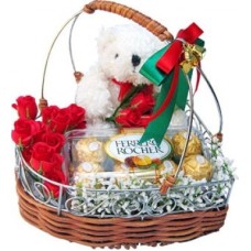 Basket Of 12 Red Roses 16 Pcs Ferrero Rochers Chocolate 6 Inches Teddy (As Shown)
