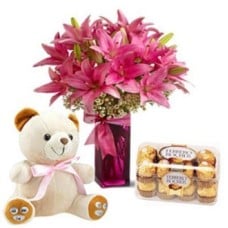 Vase With 10 Pink Lilies 16 Pcs Ferrero Rocher 6 Inches Teddy (As Shown)