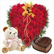 Heartshape Arrangement Of 50 Roses, 1 Kg. Heartshape Cake, 6 Inches Teddy (As Shown)