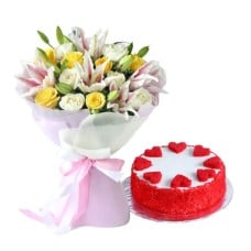 Lilies Roses With Red Velvet Cake