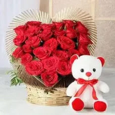 30 Red Roses Heart with Teddy