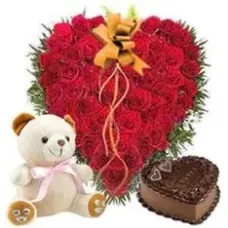 Heartshape Roses With Cake N Teddy (As Shown)