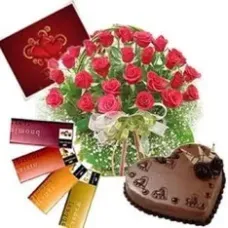 Romantic Red Roses with Heart Chocolate Cake Combo