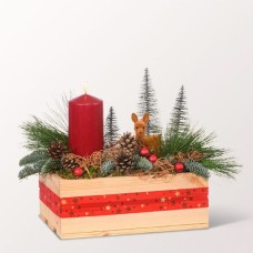 Red Arrangement in wooden box with 2 Ferrero Rocher