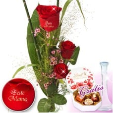 Rose Trio "Beste Mama" with vase & Lindt Pralines