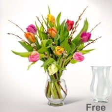 10 Parrot tulips with willow catkins with vase & 3 Ferrero Giotto