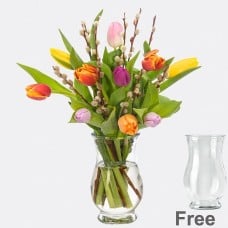 10 tulips with willow catkins with vase & 2 Ferrero Rocher