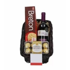 Basket with Red Wine, Chocolates and Cookies