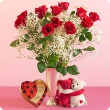 1 Dozen Red Roses With Bear And Chocolate