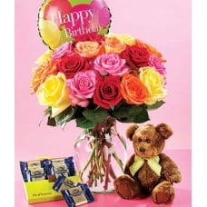 1 Dz Mix Roses In Vase With Teddy Bear And Chocolate