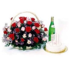 Rose Basket With Sparkling Non Alcoholic Juice And Cake