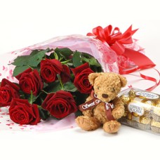 Red Roses With Ferrero Rocher Chocolate And Bear