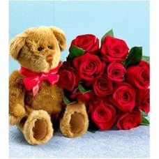 3 Dz Red Roses With Teddy Bear