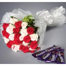 2 Dozen White And Red Roses Mix With Chocolate
