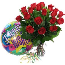 Roses In Vase With Birthday Balloon