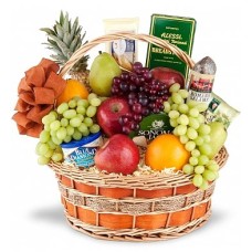 Fruits And Gourmet Basket With 1 Dozen Roses In Bouquet
