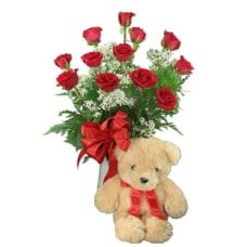 1 Dz Red Roses In Vase With Bear