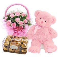 Teddy Bear With Carnation Basket And Ferrero Rocher Chocolate