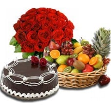 Skylark - 2.2 Pounds Chocolate Cake With Fruits Basket And 2 Dozen Red Roses