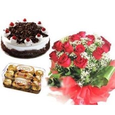 Skylark - 2.2 Pounds Black Forest Cake With 2 Dozen Red Roses And Ferrero Rocher Chocolate