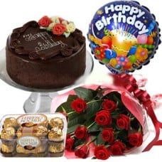 Red Roses With Cake And Birthday Balloon And Ferrero Rocher Chocolate