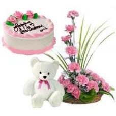 Skylark- 2.2 Pounds Vanilla Cake With Carnation Basket And Bear