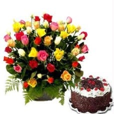 Skylark- 2.2 Pounds Black Forest Cake With 50 Pieces Mixed Roses In A Basket