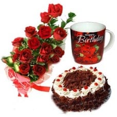 Red Roses with Red Velvet Cake and Birthday Mug