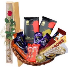 Assorted Choco Lover Basket With 1 Piece Red Rose In A Box