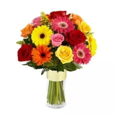 Mixed Roses And Gerberas In A Vase