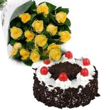 1 Dozen Yellow Roses With Black Forest Cake