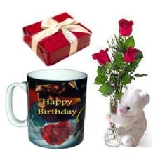3 Pcs Red Roses In Vase With Bear, Chocolate And Birthday Mug