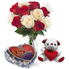 1 Dozen Red And White Roses In A Vase With Love Shape Chocolate And Small Bear