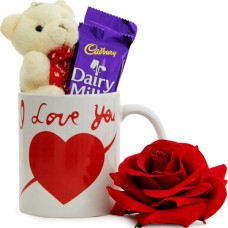 Love Mug WithSmall Bear,Dairy Milk Chocolate And 1Pcs Red Rose In A Bouquet.