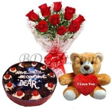 Tasty treat- 2.2 pounds Black Forest Cake W/ Red Roses & Love Bear