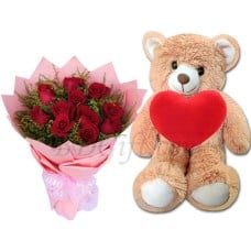 (26) Teddy Bear W/ 1 Dz Red Roses & Red Heart
