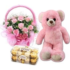 Teddy Bear W/ Carnation Basket & Ferrero Rocher Chocolate