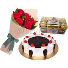 Black Forest Cake W/ 6 pcs Red Roses & Ferrero Rocher chocolate