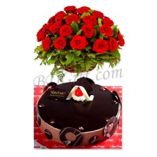 2.2 pounds Chocolate Round Cake W/ 2 Dozen Red Roses