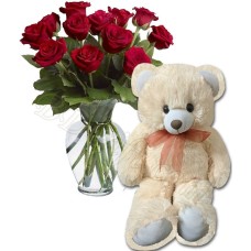 1 dz Red Roses in vase W/Bear
