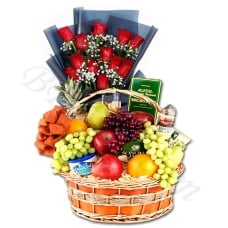 Fruits & Gourmet Basket W/ 1 dozen Roses in Bouquet