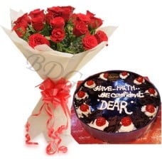 (46) 1 Dozen Red Roses W/ Swiss- Black Forest Cake