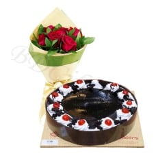 (26) Cooper's- 2.2 pound black forest cake W/ 6 pieces red roses in bouquet