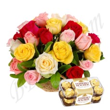 (19) Multicolor Rose Basket W/ Ferrero Rocher Chocolate