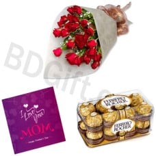 (000003) Red roses in bouquet with card and chocolates