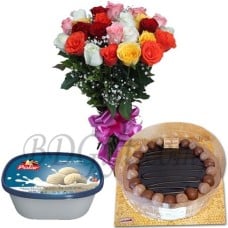 (000009) Mix roses in bouquet with ice cream and chocolate cake