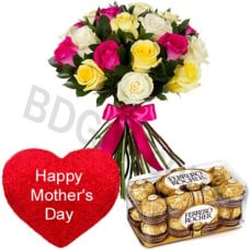 (000010) Multi color roses in bouquet with heart shape pillow and chocolates