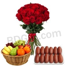 (000013) Red roses in bouquet with fruit basket and sweet
